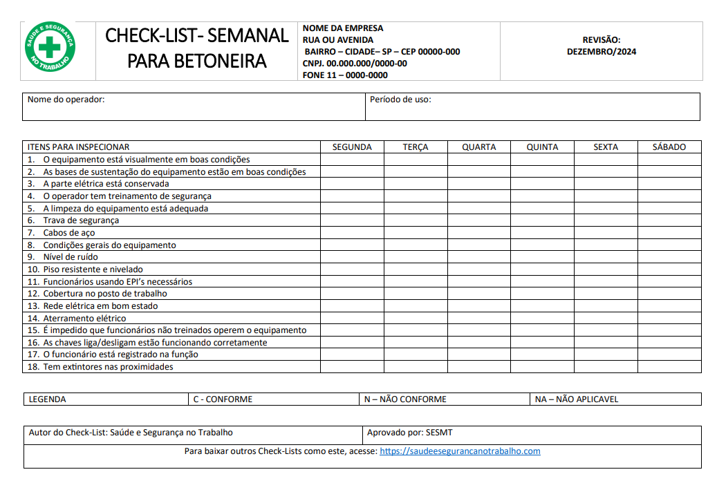 Baixar Modelo de CHECKLIST para Betoneira EDITÁVEL e GRÁTIS