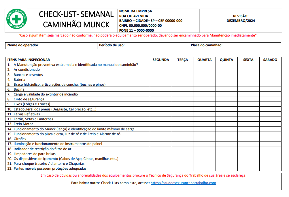Modelo de CHECKLIST para CAMINHÃO MUNCK EDITÁVEL e GRÁTIS