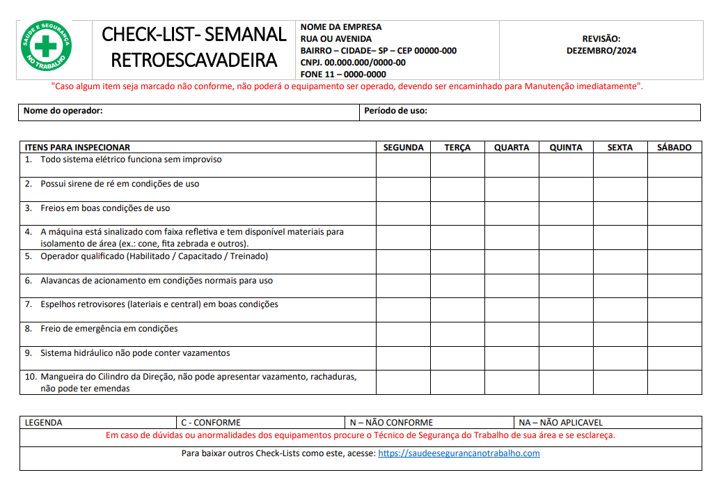 Modelo de CHECKLIST para RETROESCAVADEIRA EDITÁVEL e GRÁTIS