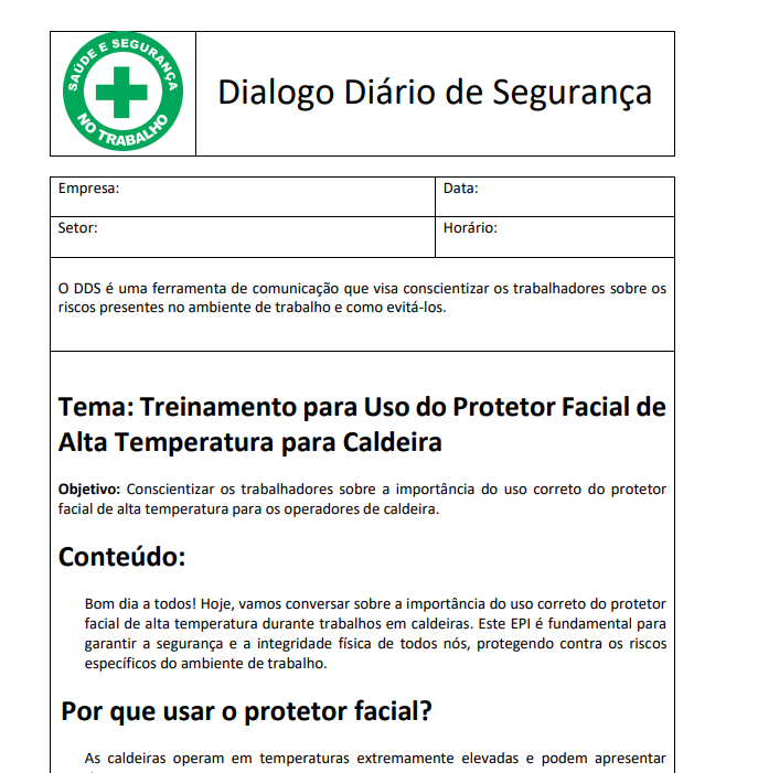 DDS: Treinamento para Uso do Protetor Facial de Alta Temperatura para Caldeira – Baixar